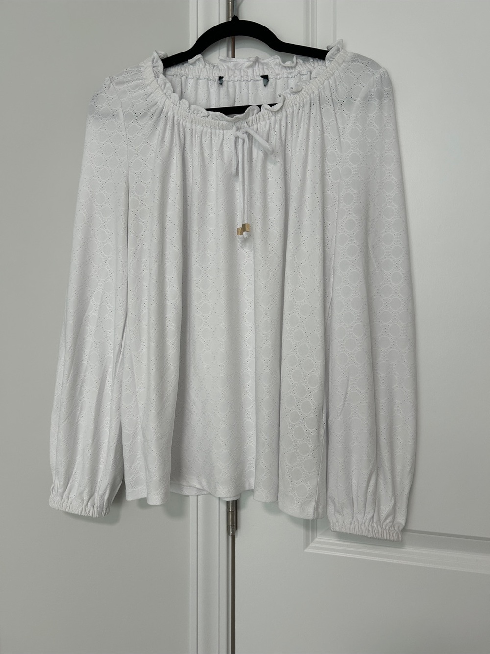 Women’s White Eyelet Peasant Blouse - Lightweight Long Sleeve